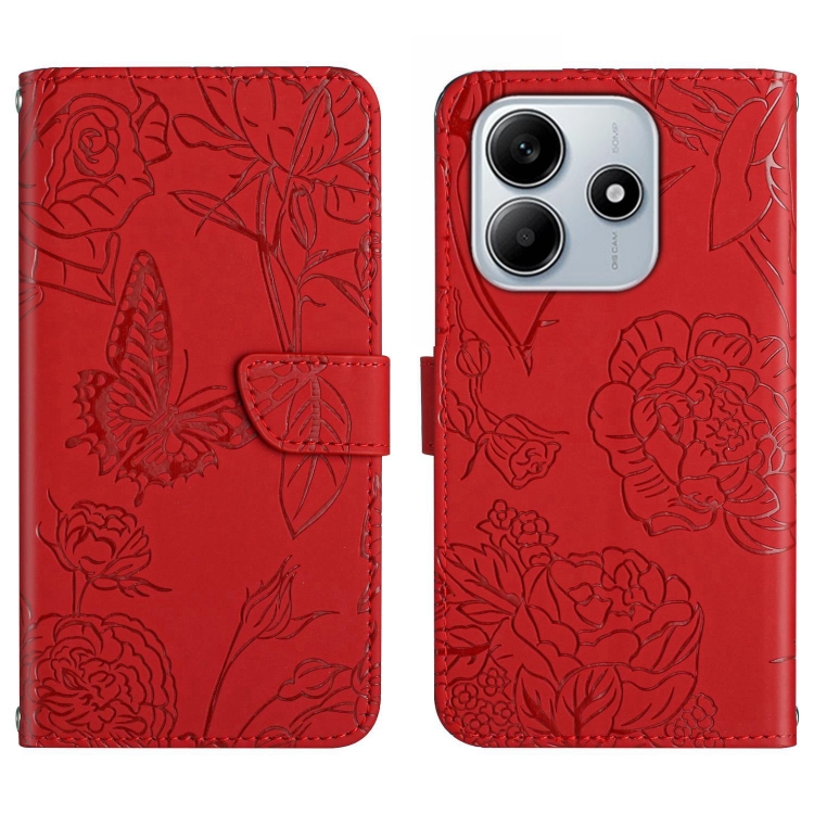 

For Redmi Note 14 5G Skin Feel Butterfly Embossed Flip Leather Phone Case(Red)