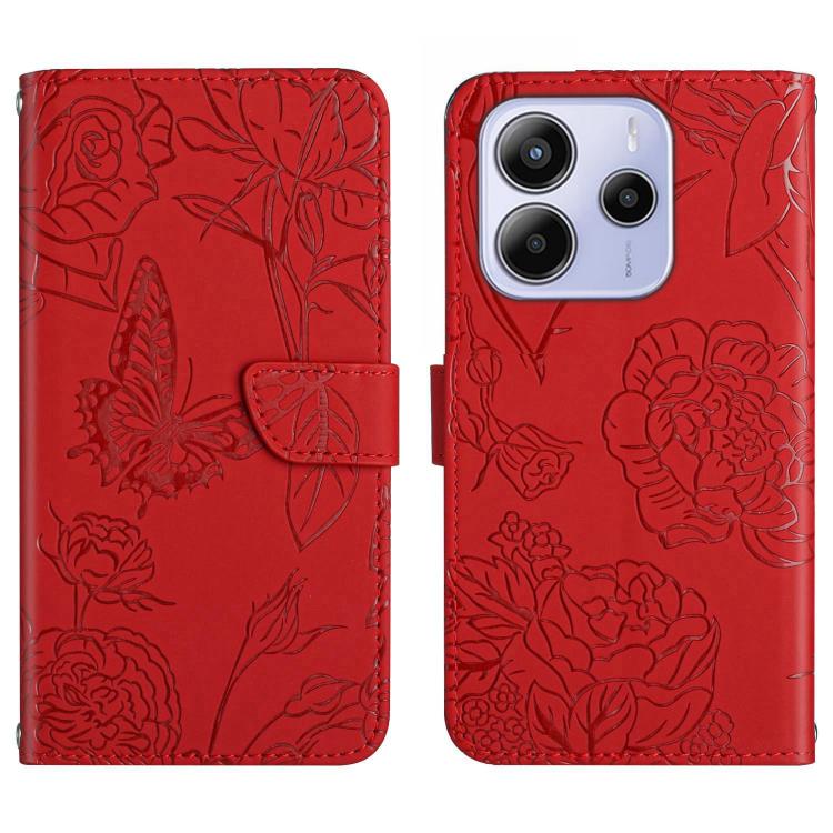 

For Redmi Note 14 4G 163.25mm Skin Feel Butterfly Embossed Flip Leather Phone Case(Red)