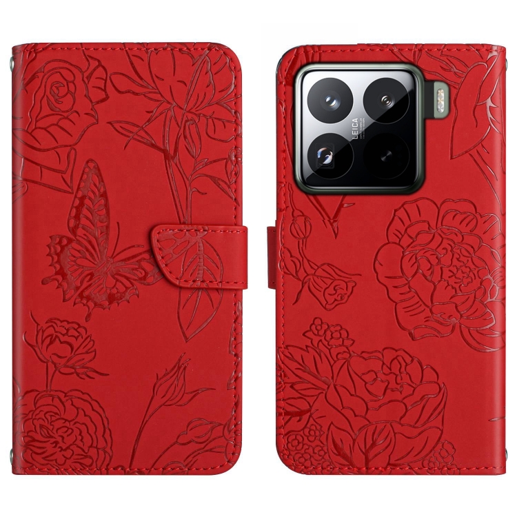 

For Xiaomi 15 Pro Skin Feel Butterfly Embossed Flip Leather Phone Case(Red)