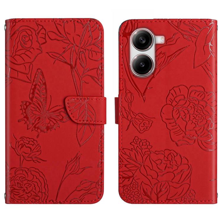 

For Xiaomi Poco X7 Pro Skin Feel Butterfly Embossed Flip Leather Phone Case(Red)