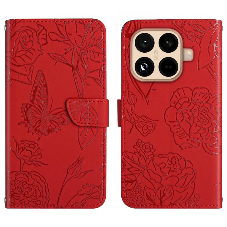

For Xiaomi 15T Pro Skin Feel Butterfly Embossed Flip Leather Phone Case(Red)