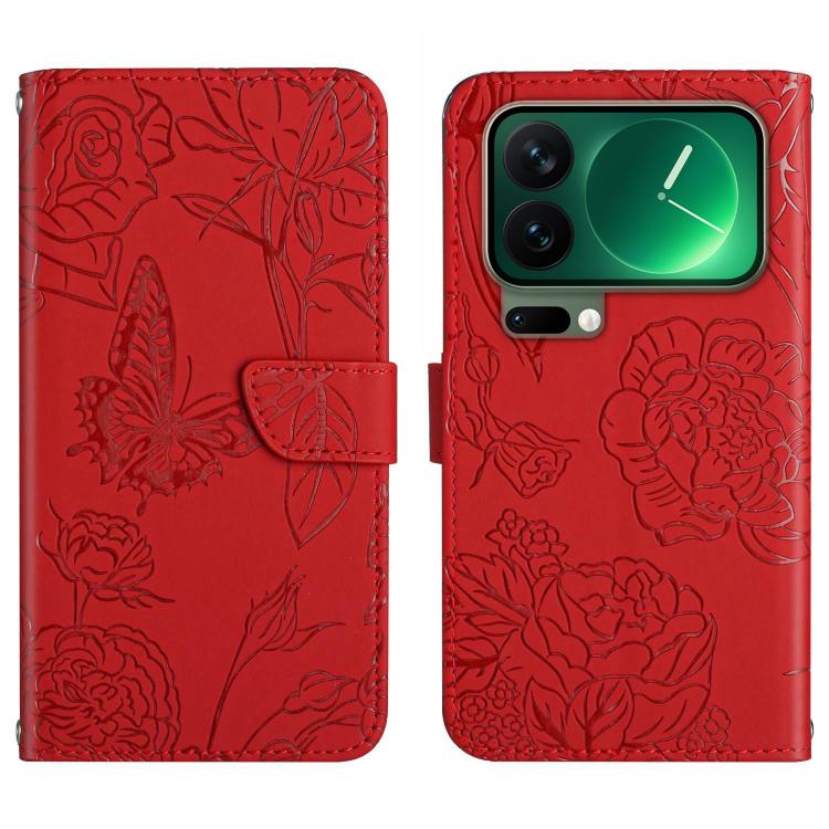 

For Xiaomi 17 Pro Skin Feel Butterfly Embossed Flip Leather Phone Case(Red)