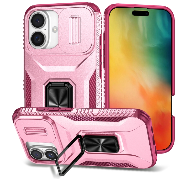 

For iPhone 16 Sliding Camshield Holder Phone Case(Pink + Rose Red)