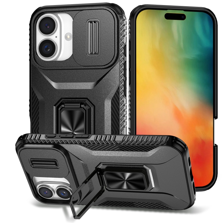 

For iPhone 16 Sliding Camshield Holder Phone Case(Black)