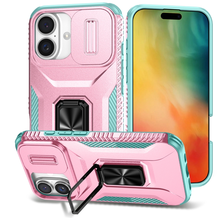 

For iPhone 16 Plus Sliding Camshield Holder Phone Case(Pink + Grey Green)