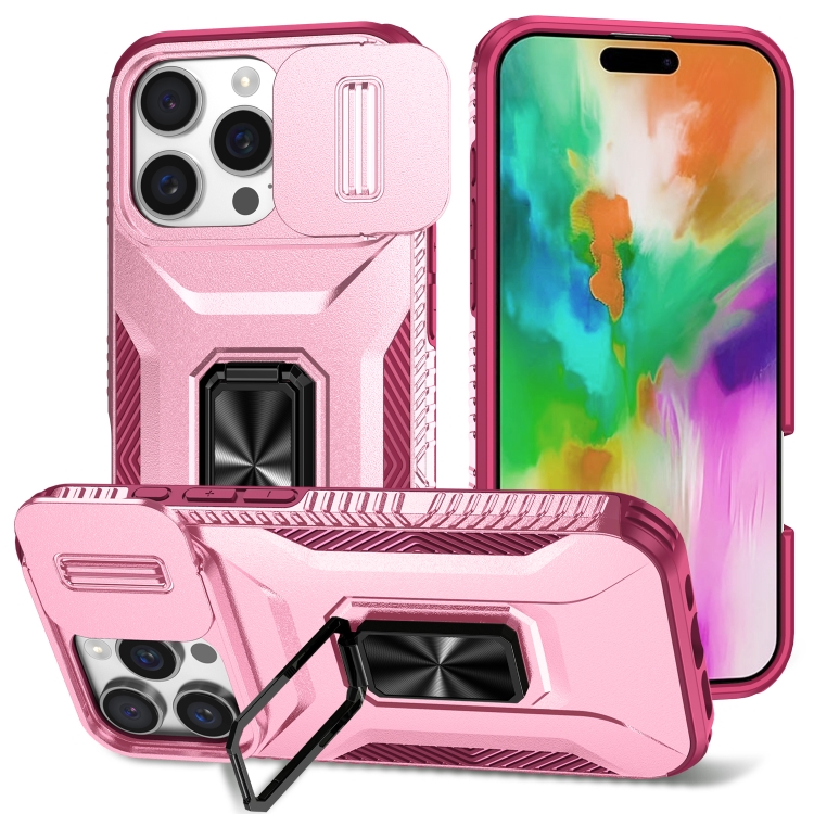 

For iPhone 16 Pro Sliding Camshield Holder Phone Case(Pink + Rose Red)
