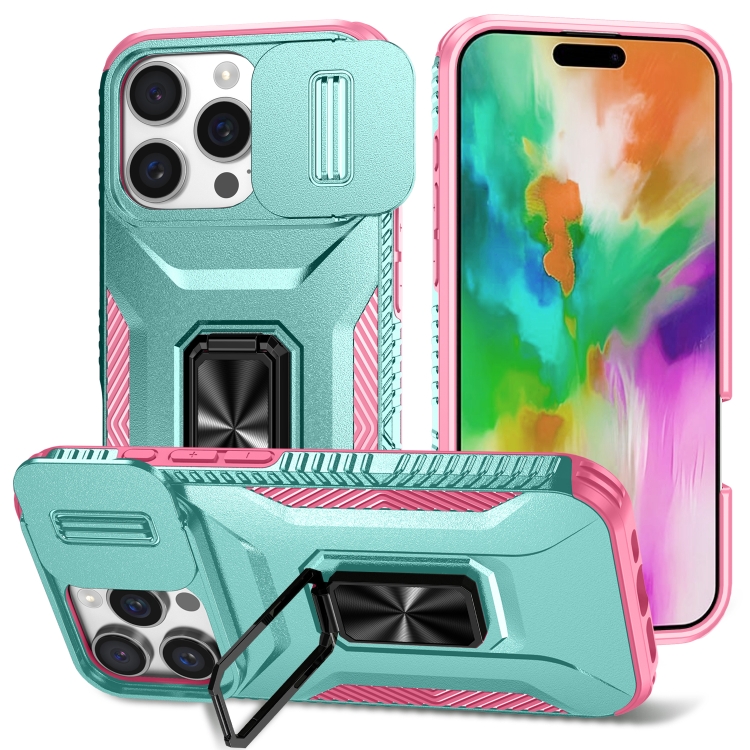 

For iPhone 16 Pro Sliding Camshield Holder Phone Case(Grey Green + Pink)