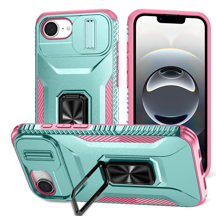 

For iPhone 16e Sliding Camshield Holder Phone Case(Pink + Grey Green)