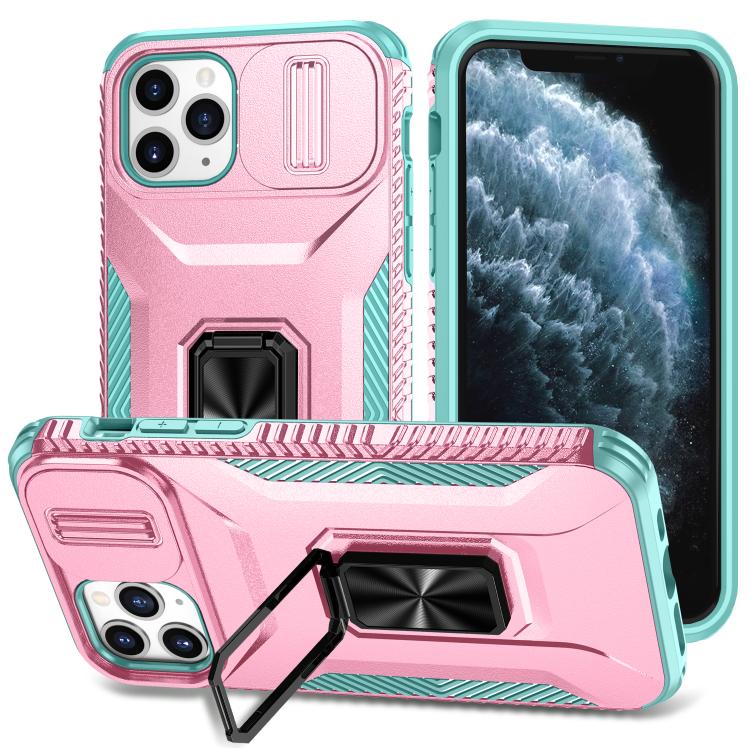 

For iPhone 11 Pro Sliding Camshield Holder Phone Case(Pink + Grey Green)