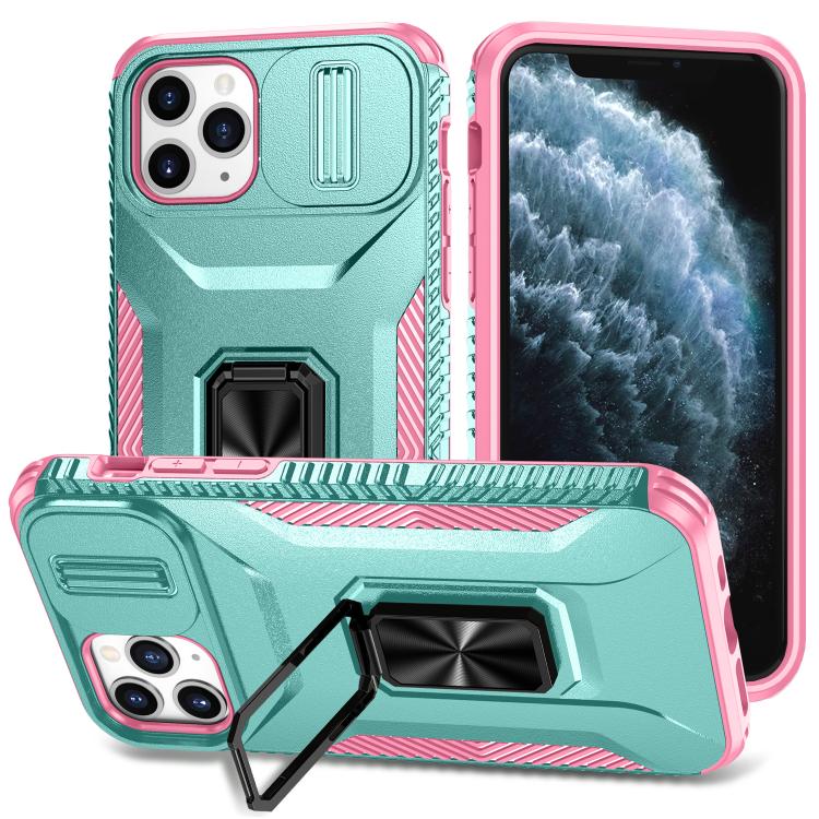 

For iPhone 11 Pro Sliding Camshield Holder Phone Case(Grey Green + Pink)