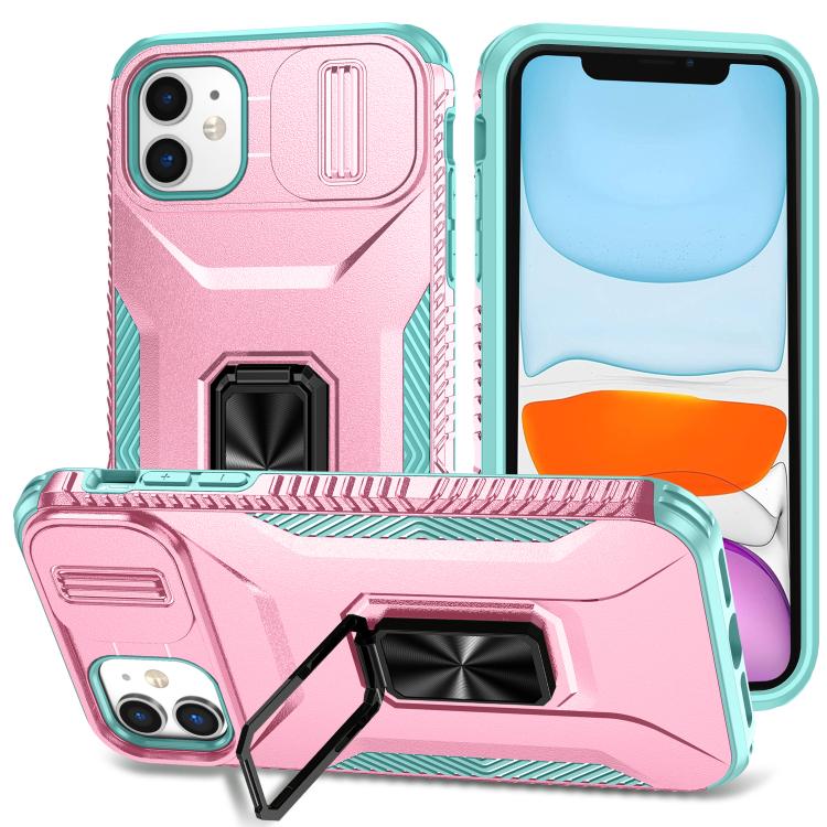 

For iPhone 11 Sliding Camshield Holder Phone Case(Pink + Grey Green)