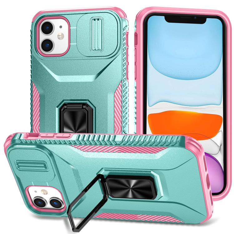 

For iPhone 11 Sliding Camshield Holder Phone Case(Grey Green + Pink)
