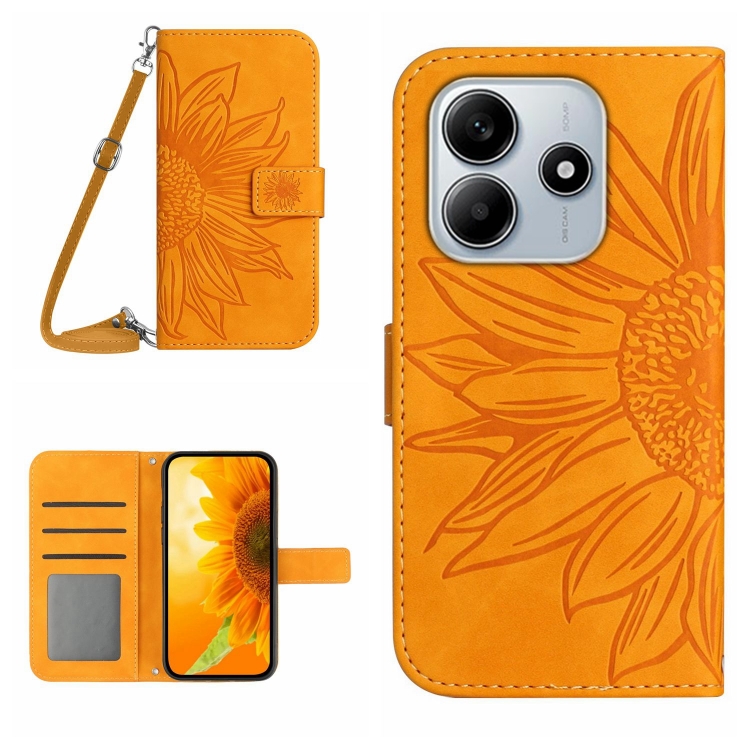 

For Redmi Note 14 5G Skin Feel Sun Flower Embossed Flip Leather Phone Case with Lanyard(Yellow)
