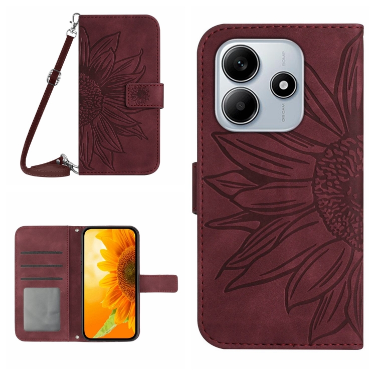 

For Redmi Note 14 5G Skin Feel Sun Flower Embossed Flip Leather Phone Case with Lanyard(Wine Red)