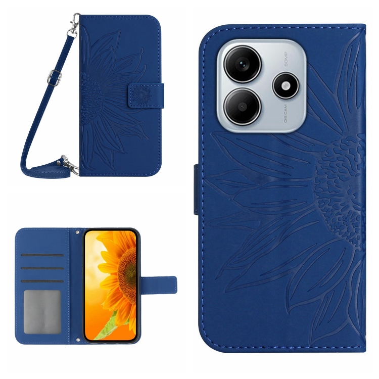 

For Redmi Note 14 5G Skin Feel Sun Flower Embossed Flip Leather Phone Case with Lanyard(Dark Blue)