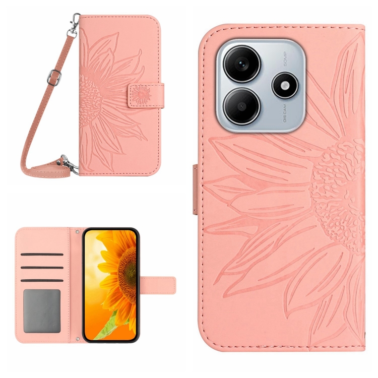 

For Redmi Note 14 5G Skin Feel Sun Flower Embossed Flip Leather Phone Case with Lanyard(Pink)