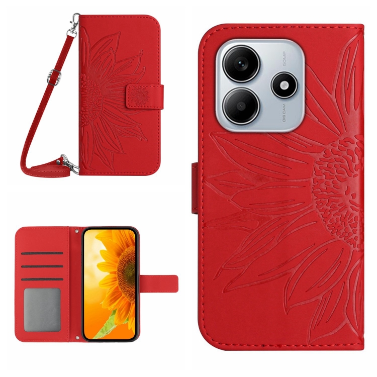 

For Redmi Note 14 5G Skin Feel Sun Flower Embossed Flip Leather Phone Case with Lanyard(Red)