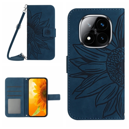 

For Redmi Note 14 Pro+ 5G Skin Feel Sun Flower Embossed Flip Leather Phone Case with Lanyard(Inky Blue)