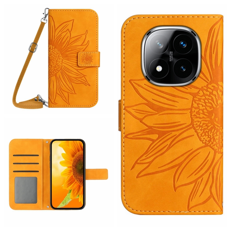 

For Redmi Note 14 Pro+ 5G Skin Feel Sun Flower Embossed Flip Leather Phone Case with Lanyard(Yellow)
