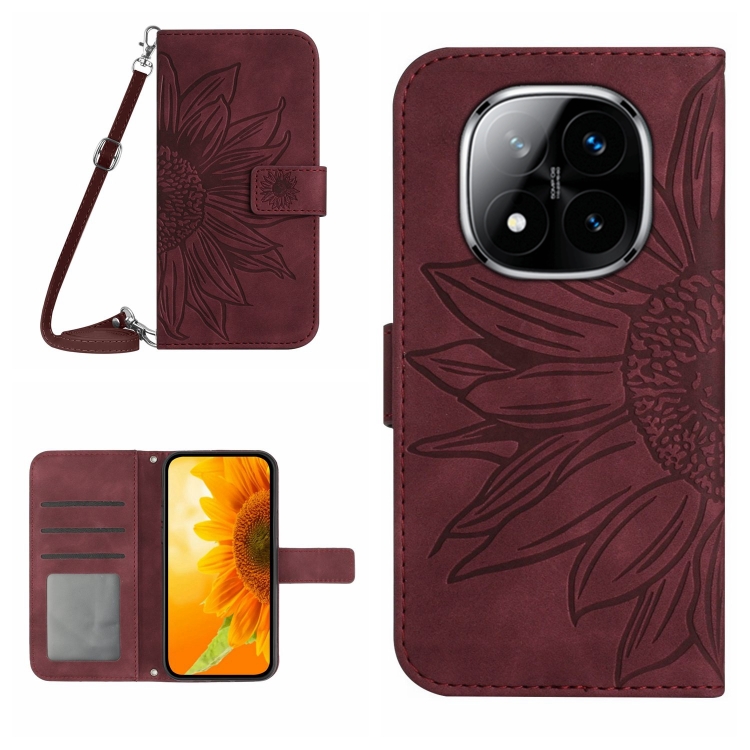 

For Redmi Note 14 Pro+ 5G Skin Feel Sun Flower Embossed Flip Leather Phone Case with Lanyard(Wine Red)