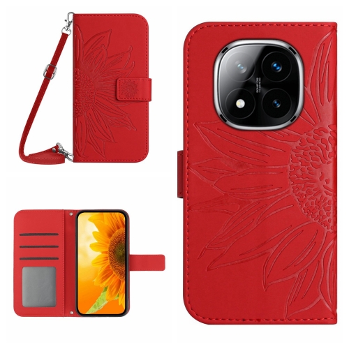 

For Redmi Note 14 Pro+ 5G Skin Feel Sun Flower Embossed Flip Leather Phone Case with Lanyard(Red)