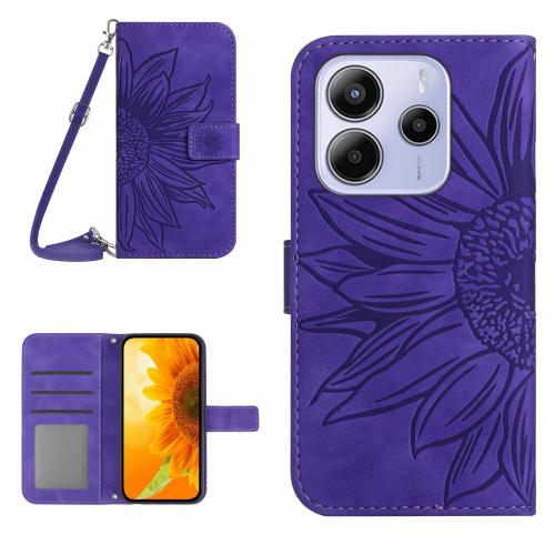 

For Redmi Note 14 4G Skin Feel Sun Flower Embossed Flip Leather Phone Case with Lanyard(Dark Purple)