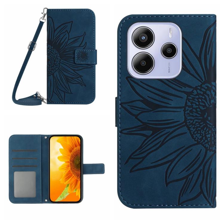 

For Redmi Note 14 4G 163.25mm Skin Feel Sun Flower Embossed Flip Leather Phone Case with Lanyard(Inky Blue)
