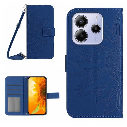 

For Redmi Note 14 4G Skin Feel Sun Flower Embossed Flip Leather Phone Case with Lanyard(Dark Blue)