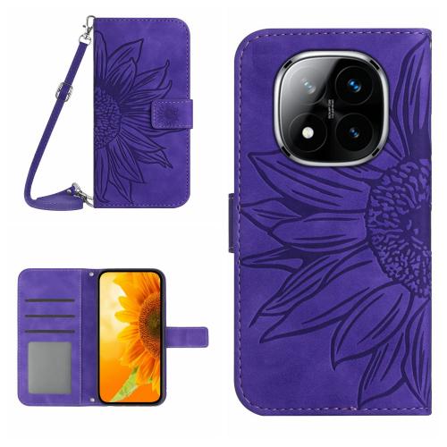 

For Redmi Note 14 Pro 4G Skin Feel Sun Flower Embossed Flip Leather Phone Case with Lanyard(Dark Purple)