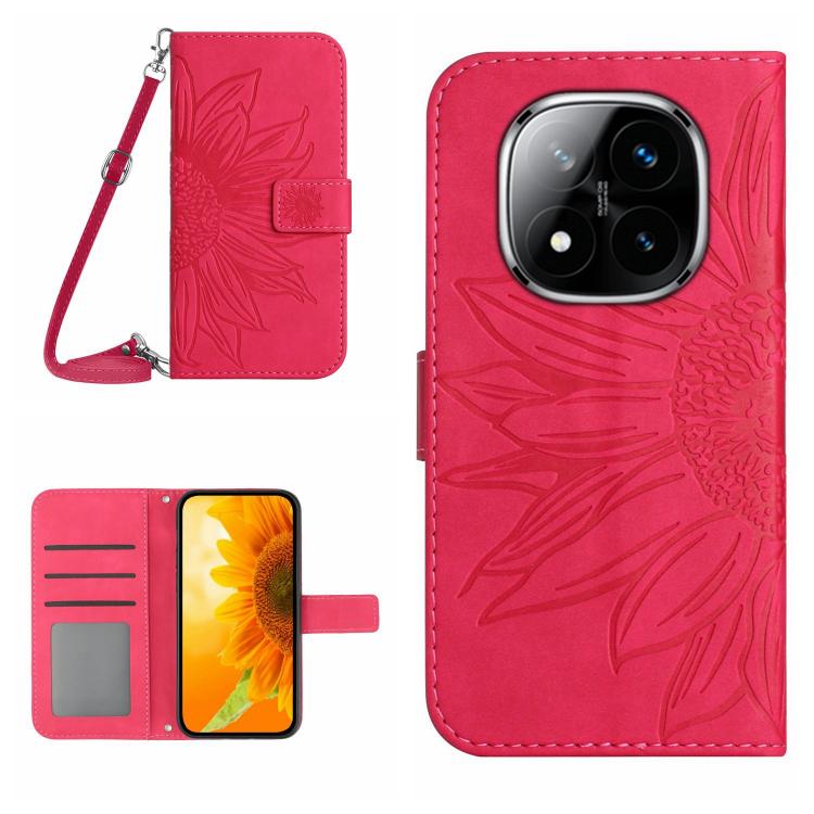 

For Redmi Note 14 Pro 4G Skin Feel Sun Flower Embossed Flip Leather Phone Case with Lanyard(Rose Red)