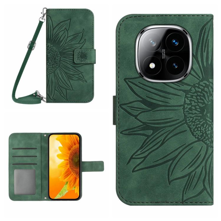 

For Redmi Note 14 Pro 4G Skin Feel Sun Flower Embossed Flip Leather Phone Case with Lanyard(Green)