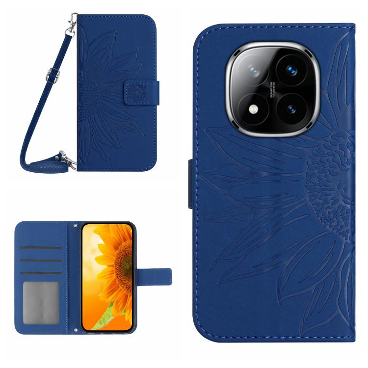 

For Redmi Note 14 Pro 4G Skin Feel Sun Flower Embossed Flip Leather Phone Case with Lanyard(Dark Blue)