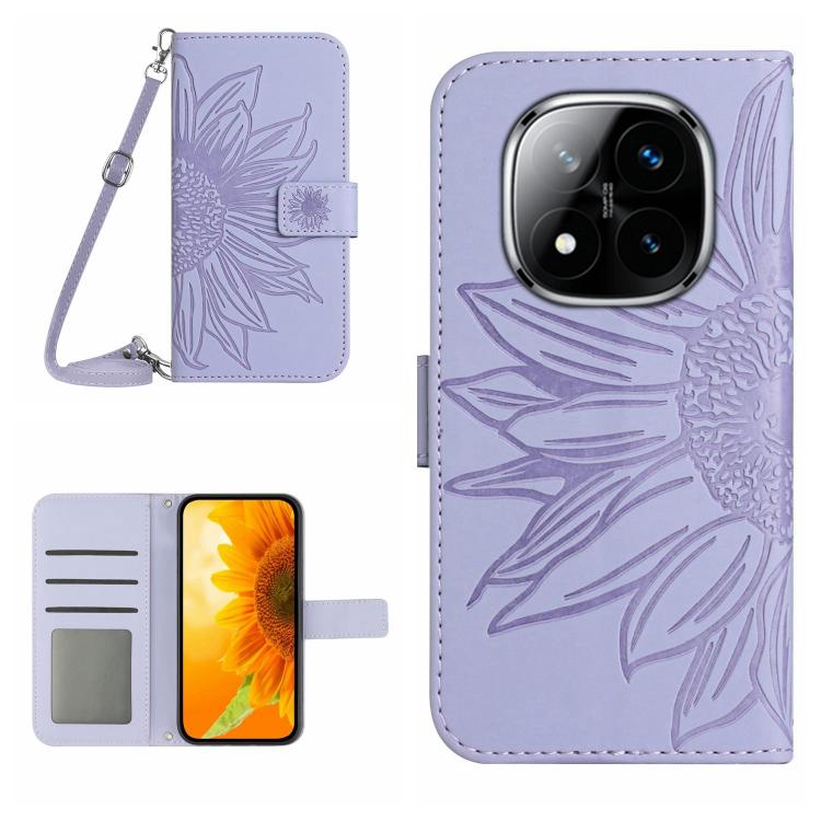 

For Redmi Note 14 Pro 4G Skin Feel Sun Flower Embossed Flip Leather Phone Case with Lanyard(Purple)