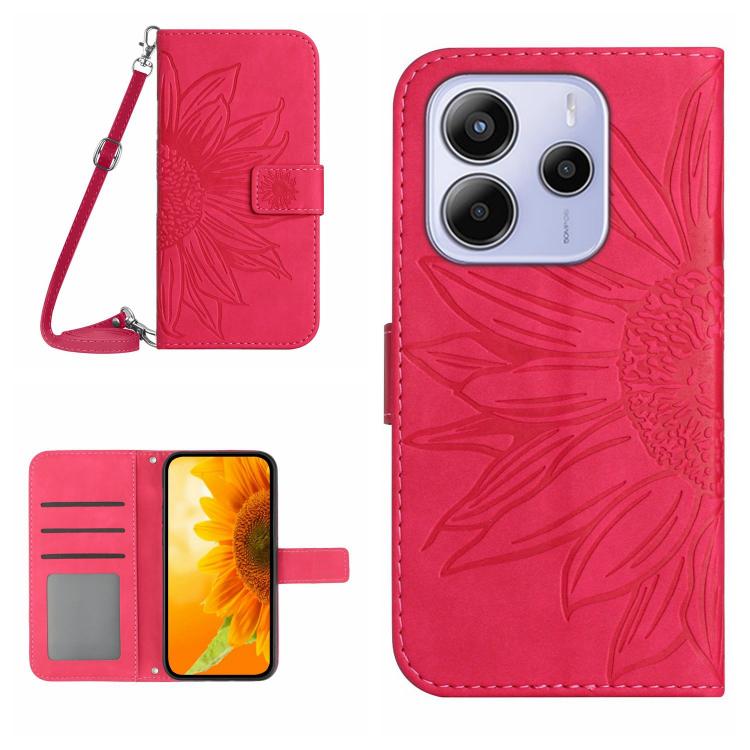 

For Redmi Note 14 4G 164.84mm EU Version Skin Feel Sun Flower Embossed Flip Leather Phone Case with Lanyard(Rose Red)