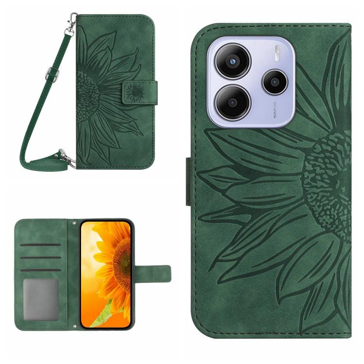 

For Redmi Note 14 4G 164.84mm EU Version Skin Feel Sun Flower Embossed Flip Leather Phone Case with Lanyard(Green)