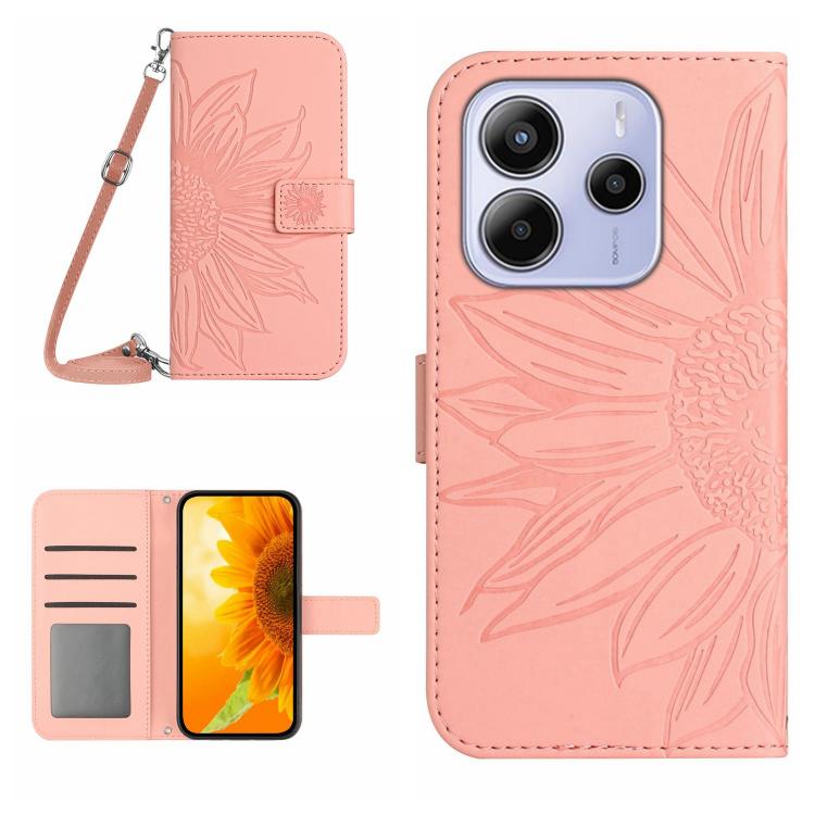 

For Redmi Note 14 4G 164.84mm EU Version Skin Feel Sun Flower Embossed Flip Leather Phone Case with Lanyard(Pink)