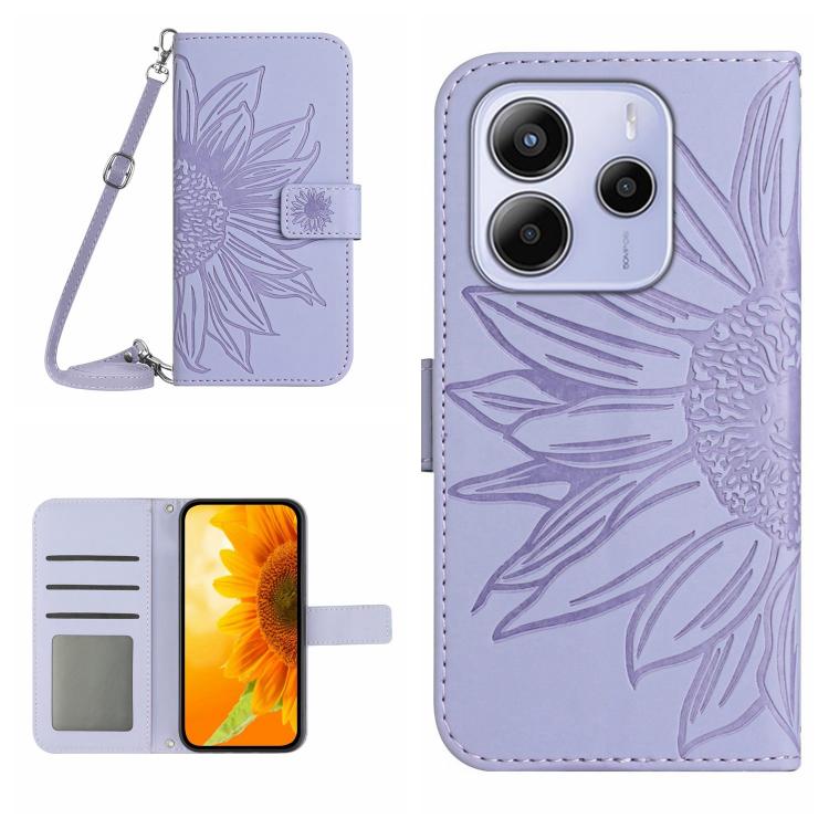 

For Redmi Note 14 4G 164.84mm EU Version Skin Feel Sun Flower Embossed Flip Leather Phone Case with Lanyard(Purple)