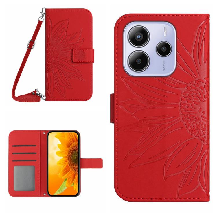 

For Redmi Note 14 4G 164.84mm EU Version Skin Feel Sun Flower Embossed Flip Leather Phone Case with Lanyard(Red)