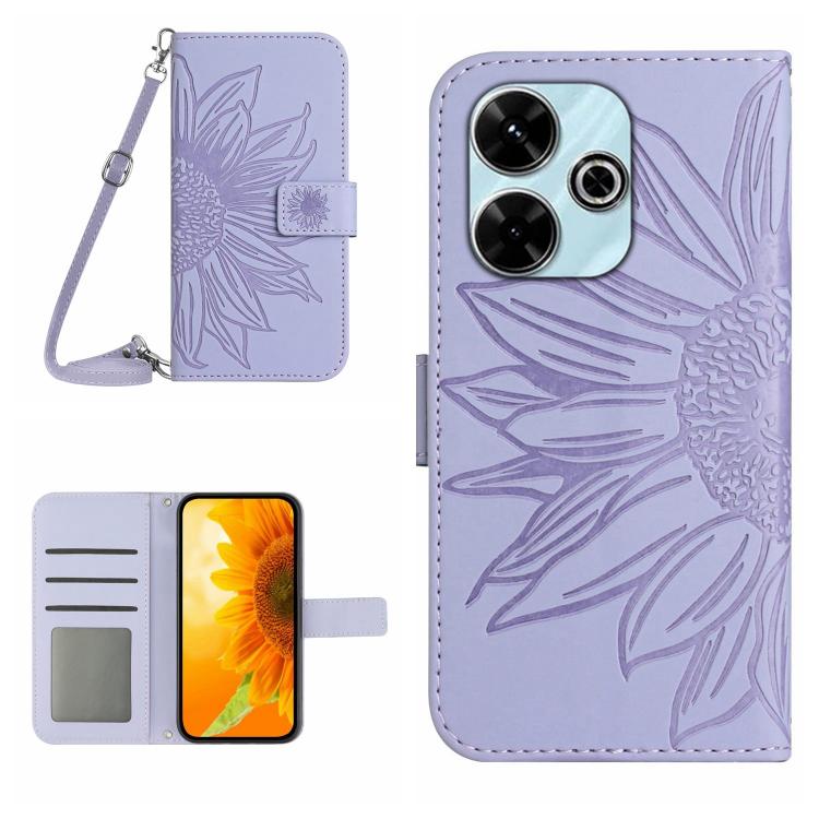 

For Redmi 13x Skin Feel Sun Flower Embossed Flip Leather Phone Case with Lanyard(Purple)