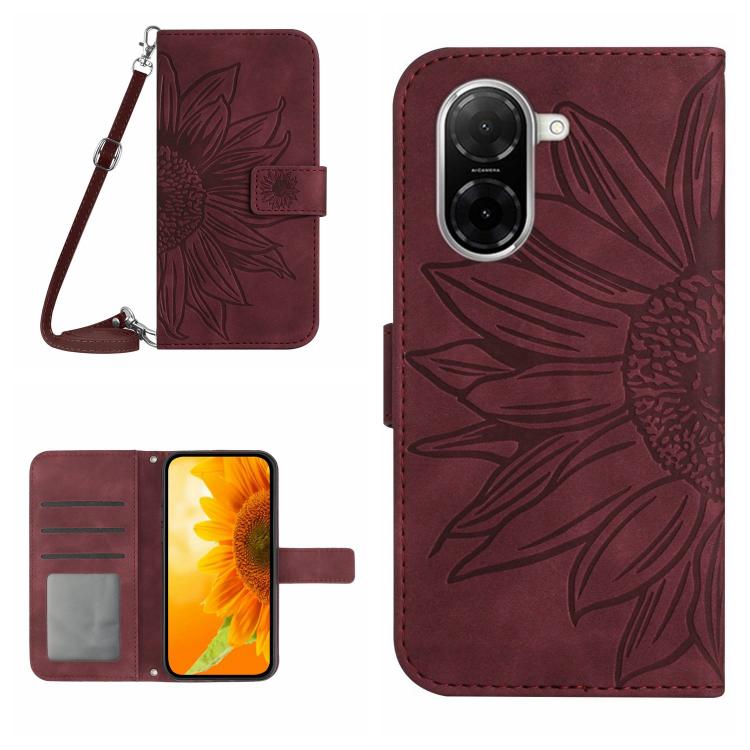 

For Redmi A5 4G 173.3mm Skin Feel Sun Flower Embossed Flip Leather Phone Case with Lanyard(Wine Red)