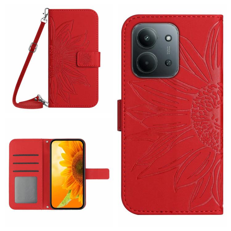 

For Redmi 15C 5G / 4G Global 171mm Skin Feel Sun Flower Embossed Flip Leather Phone Case with Lanyard(Red)