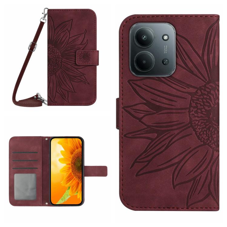 

For Redmi 15C 5G / 4G EU 173mm Skin Feel Sun Flower Embossed Flip Leather Phone Case with Lanyard(Wine Red)