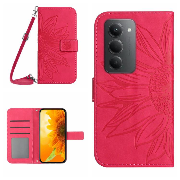 

For Redmi 15 5G Global / 15 4G SEA Skin Feel Sun Flower Embossed Flip Leather Phone Case with Lanyard(Rose Red)