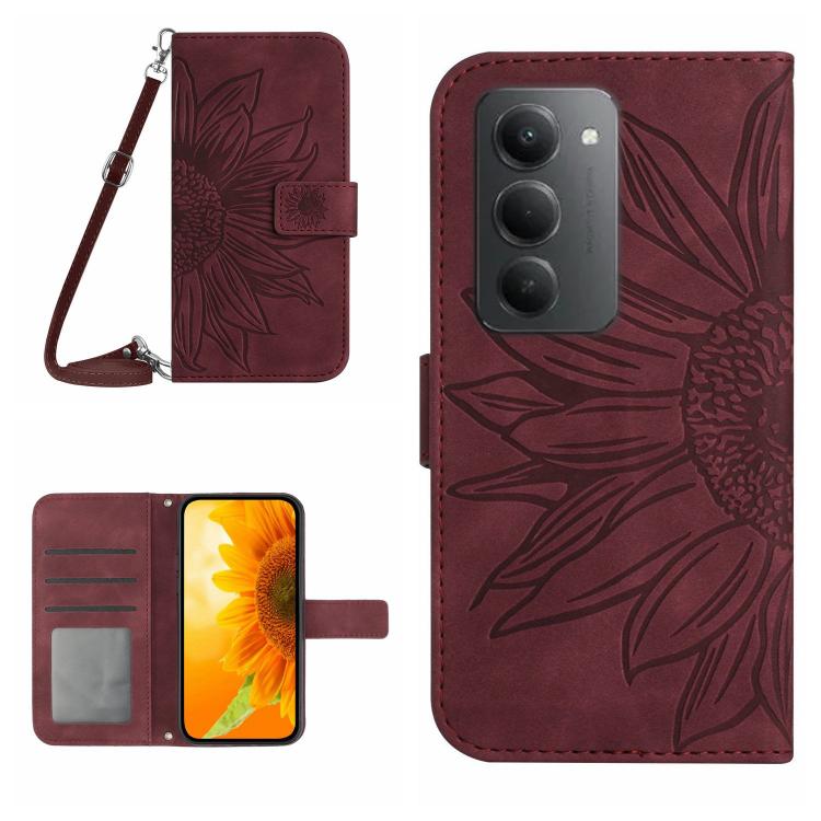 

For Redmi 15 5G Global / 15 4G SEA Skin Feel Sun Flower Embossed Flip Leather Phone Case with Lanyard(Wine Red)