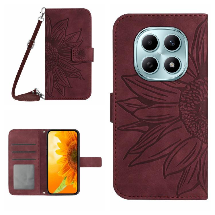 

For Redmi Note 15 5G Global 164mm Skin Feel Sun Flower Embossed Flip Leather Phone Case with Lanyard(Wine Red)