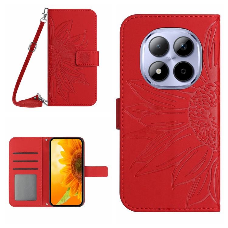 

For Redmi Note 15 Pro 5G Global 163.6mm Skin Feel Sun Flower Embossed Flip Leather Phone Case with Lanyard(Red)