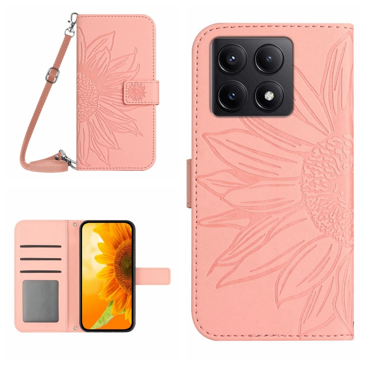 

For Xiaomi 14T Pro 5G Global Skin Feel Sun Flower Embossed Flip Leather Phone Case with Lanyard(Pink)