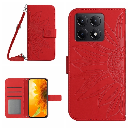 

For Xiaomi 14T Pro 5G Global Skin Feel Sun Flower Embossed Flip Leather Phone Case with Lanyard(Red)