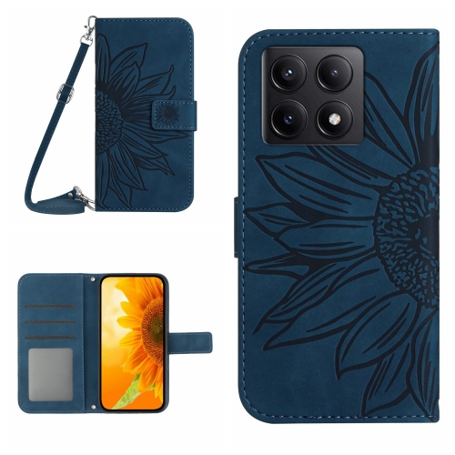 

For Xiaomi 14T 5G Global Skin Feel Sun Flower Embossed Flip Leather Phone Case with Lanyard(Inky Blue)