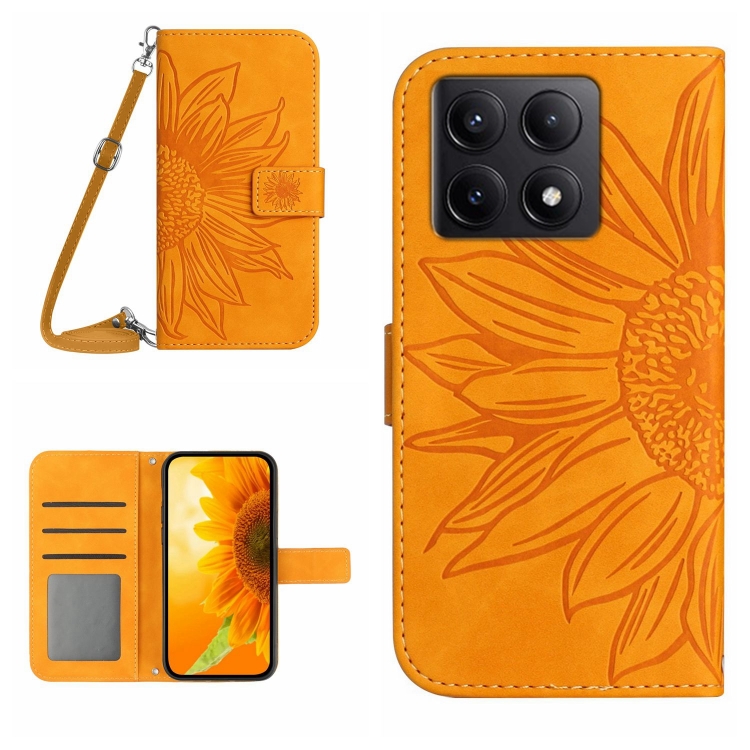 

For Xiaomi 14T 5G Global Skin Feel Sun Flower Embossed Flip Leather Phone Case with Lanyard(Yellow)